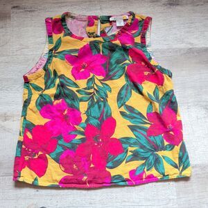 C&C California Floral Sleeveless Top M Linen Blend Keyhole Back